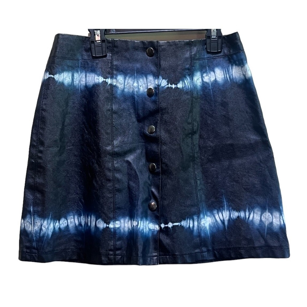 Zara Faux Leather Skirt Womens Medium M Tie Dye Snap‎ Front A-Line Black Blue